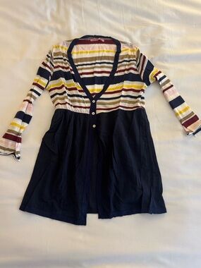 Striped V-Neck Long Sleeve Cardigan in Navy and Multi